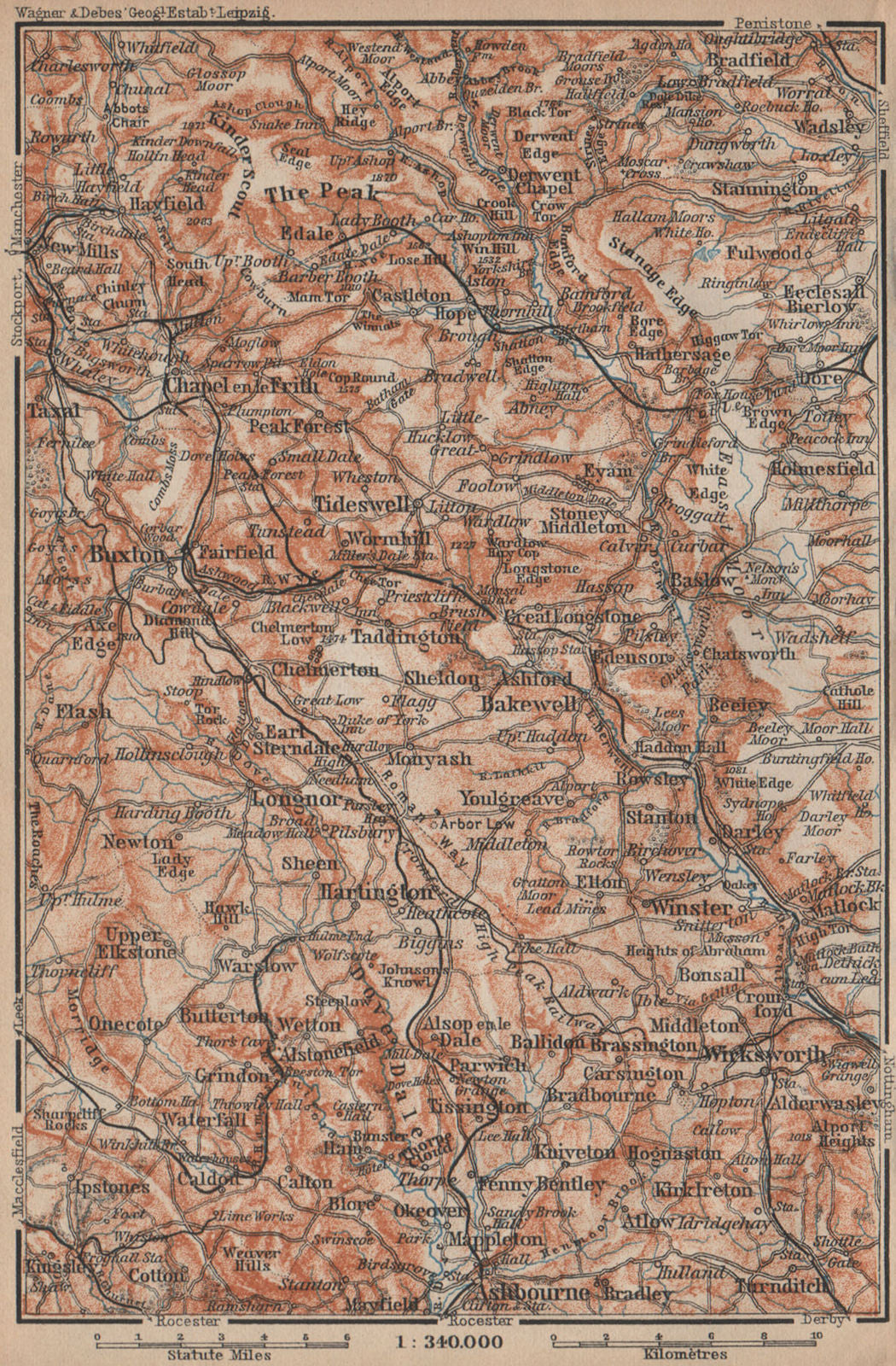 DERBYSHIRE PEAK DISTRICT. Buxton Ashbourne Bradfield Eyam Hathersage 1906 map